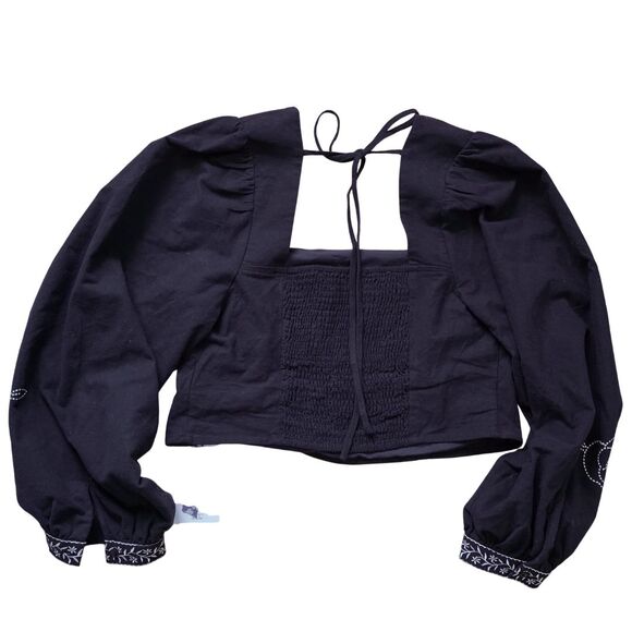 NWT Cider Plus 2X Navy Floral Embroidery Square Neck Curve Peasant Blouse Top - Picture 7 of 15